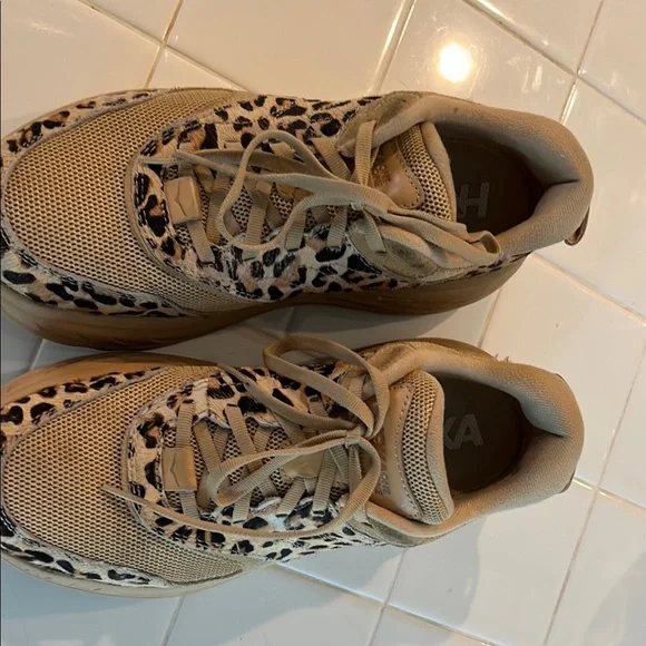 Hoka One One Women's Tan and Black Leopard Print Trainers - Picture 1 of 9